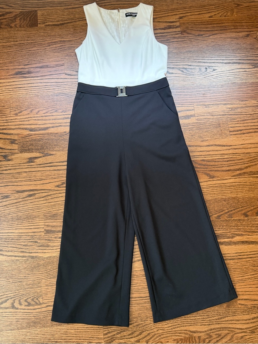 Karl Lagerfeld Two-Tone V-Neck Sleeveless Jumpsuit in White and Black